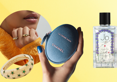 Beauty and jewellery items on butter yellow background.