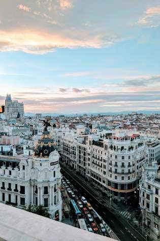 Madrid skyline view from top of building.