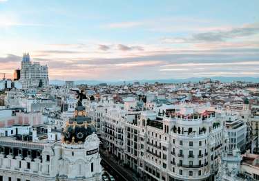 Madrid skyline view from top of building.