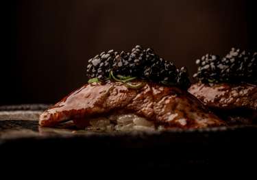 Meat dish topped with blackberries .