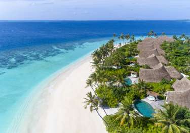 Aerial view of milaidhoo maldives with sand, sea and palm trees.