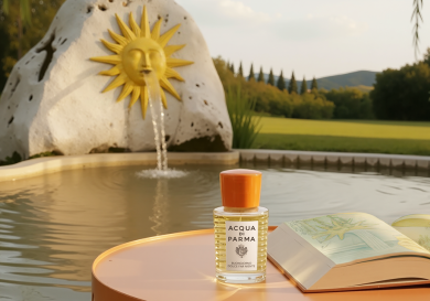 Bottle of perfume on table by outdoor pond.