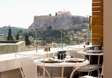 Hotel restaurant with view of Acropolis.