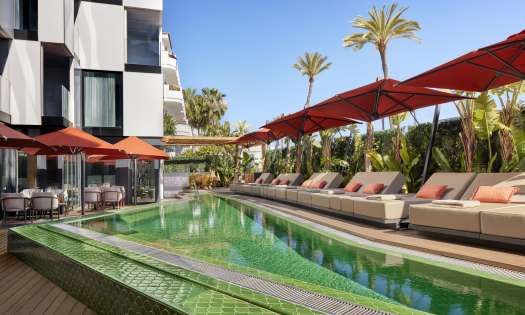 Hotel pool with sunbeds around the edge.