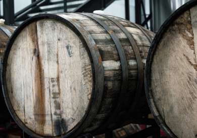 Oak barrels lined up.