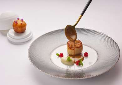 Dish with sauce and redcurrants.