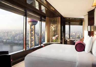 Suite at hotel with skyline views.