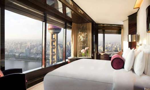 Suite at hotel with skyline views.