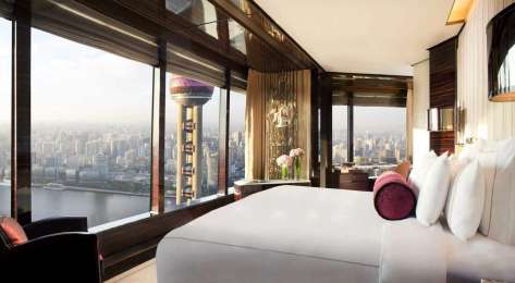 Suite at hotel with skyline views.