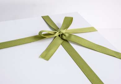 White gift wrapped with sage green ribbon.