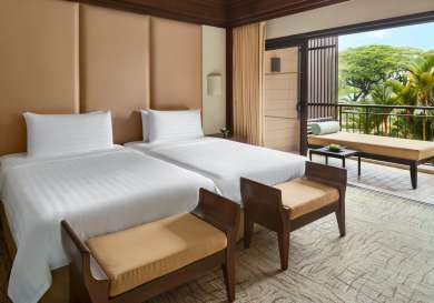 Twin hotel bedroom with balcony .