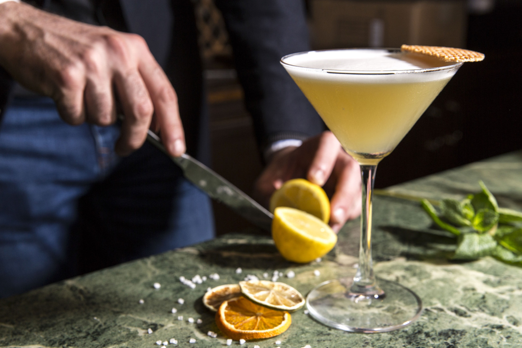 Six Impossible Things Before Breakfast - Archive Gin, orange bitters, lemon juice, egg white, homemade honey syrup & honey wafer
