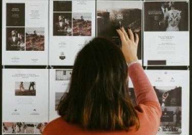 A person in a red shirt reaches towards images pinned on a wall.