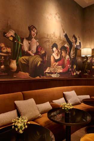 Banquette seating inside hotel .