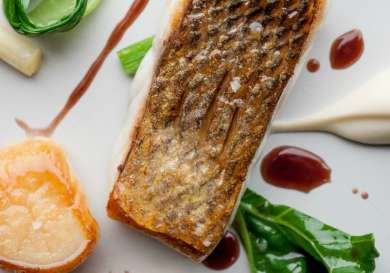 Sea bass scallop smokey mash red wine jus david griffen photography.