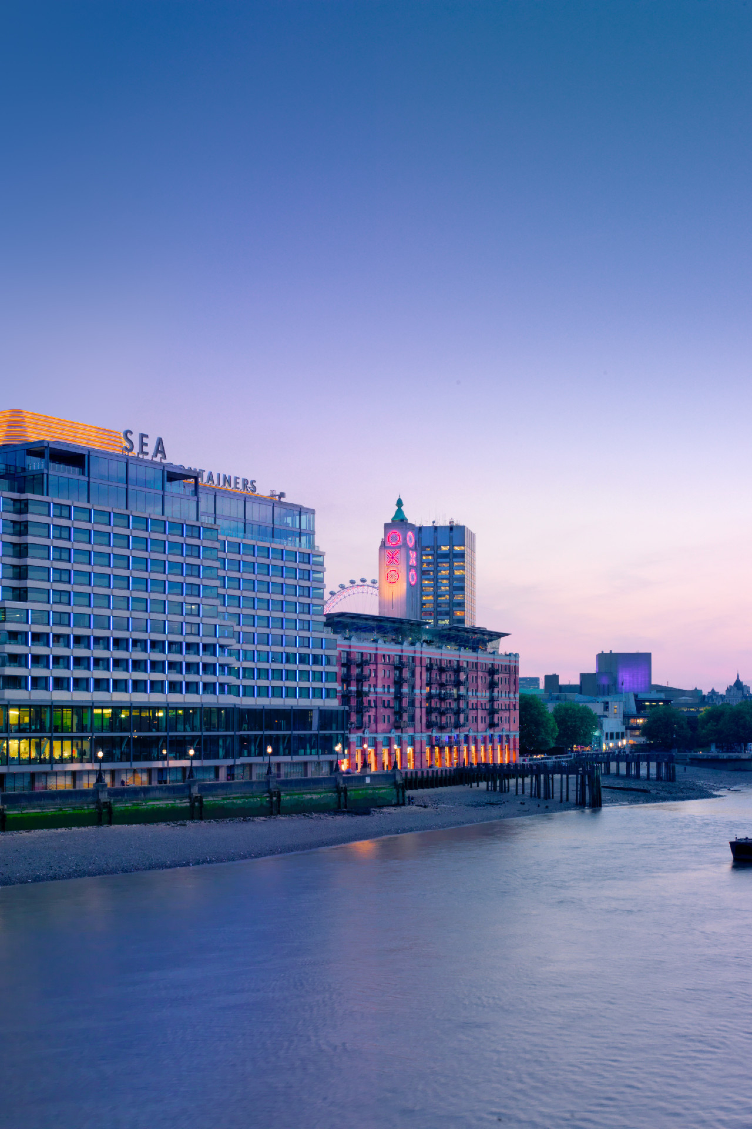 exterior view of sea containers at sunset 