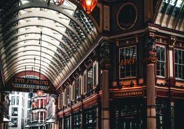 London street with restaurants.