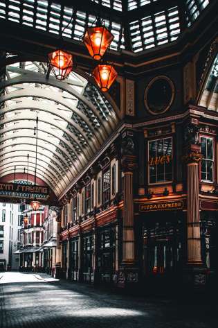London street with restaurants.