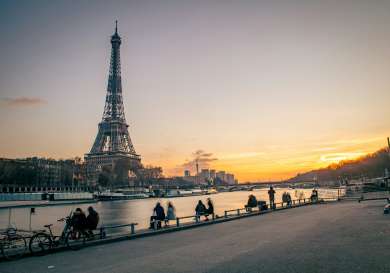View of eiffel tower at sunset during winter.