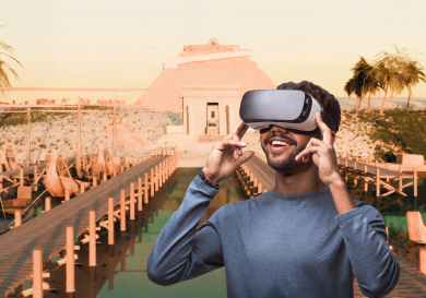 Person using VR headset .