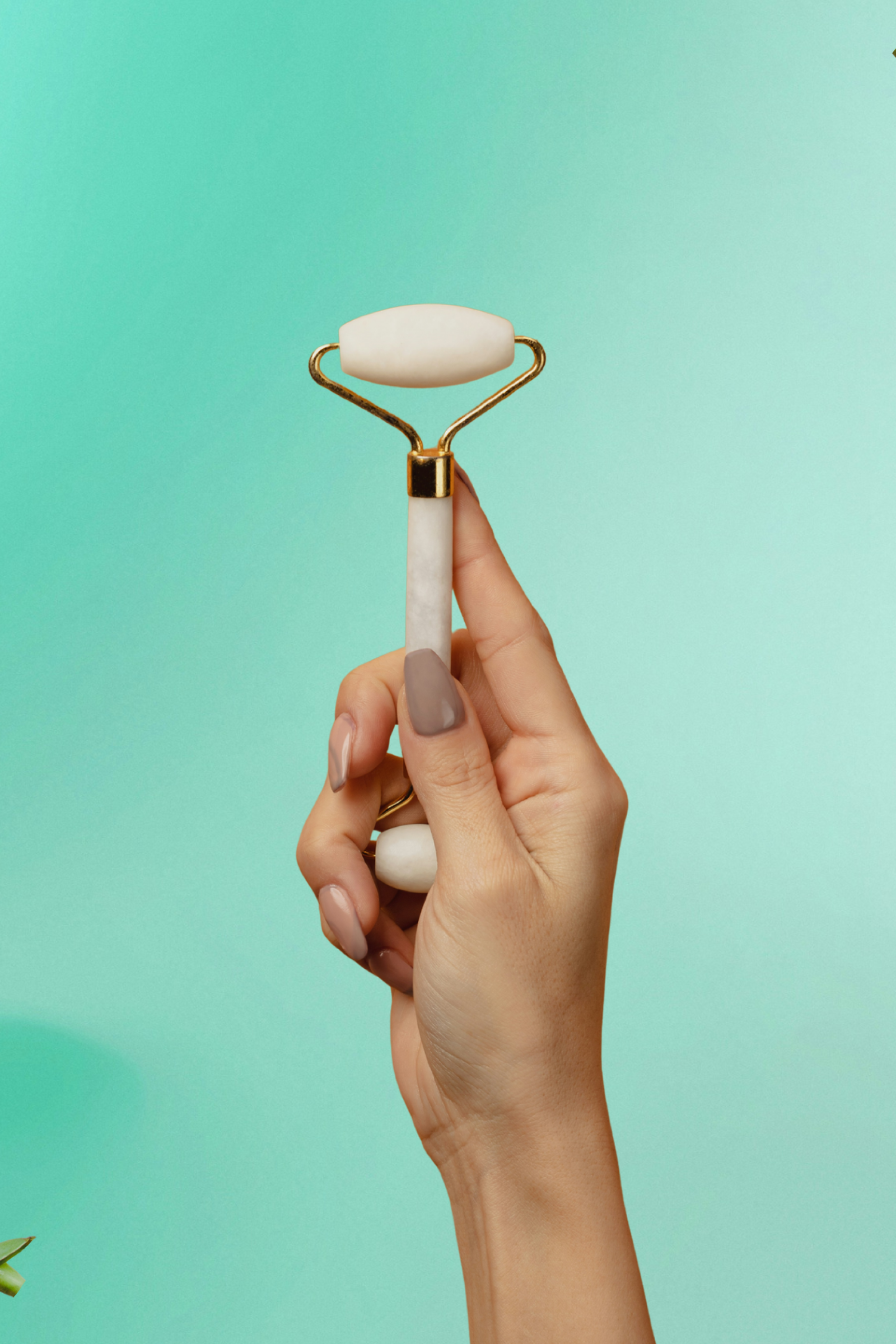 person holding face roller against green background framed by pink tulips