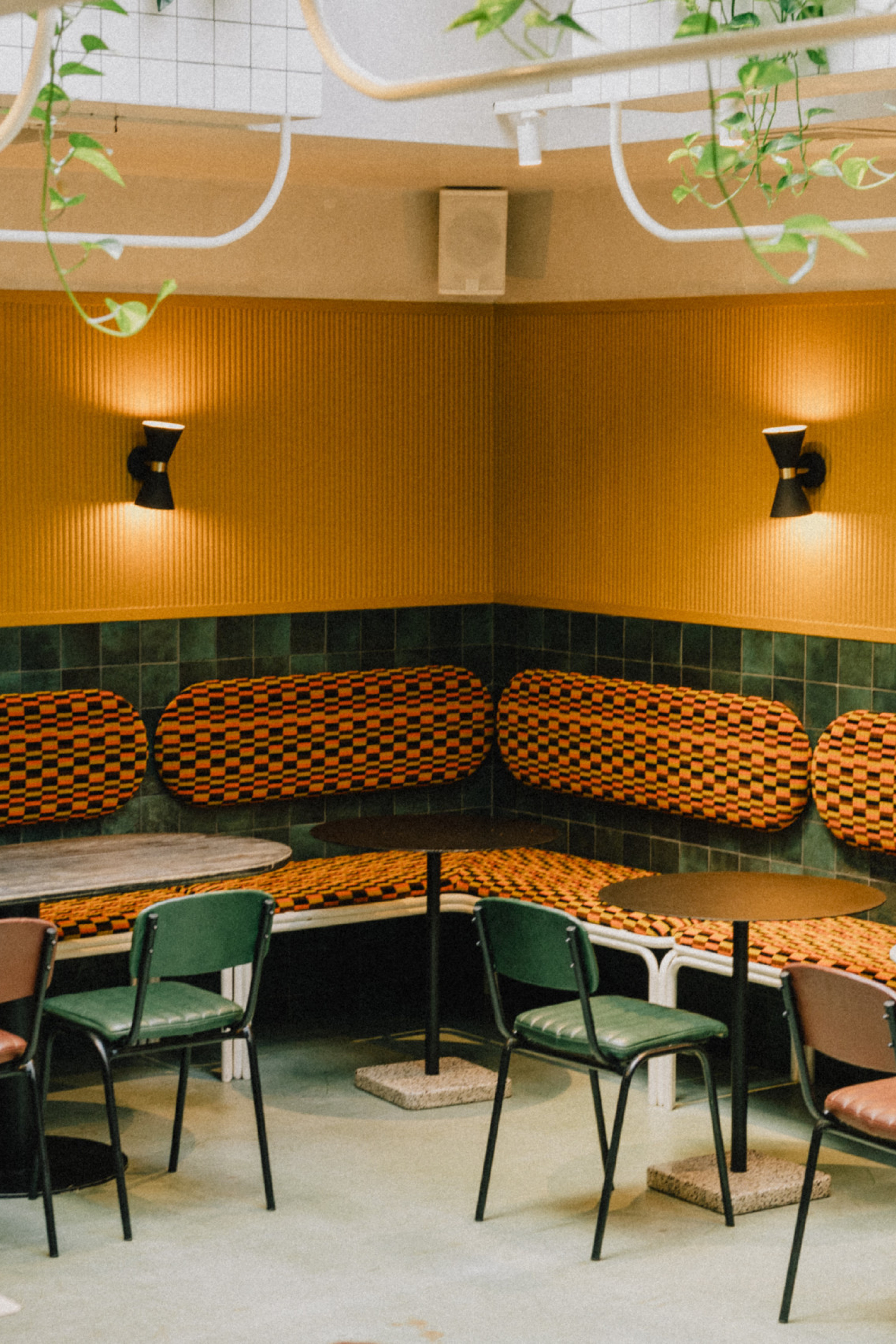 restaurant with green and orange interior 