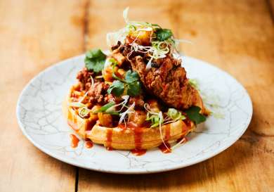 Duck and waffle savoury waffle dish with chicken.