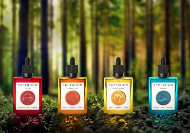 Superoom bottles with forest background.