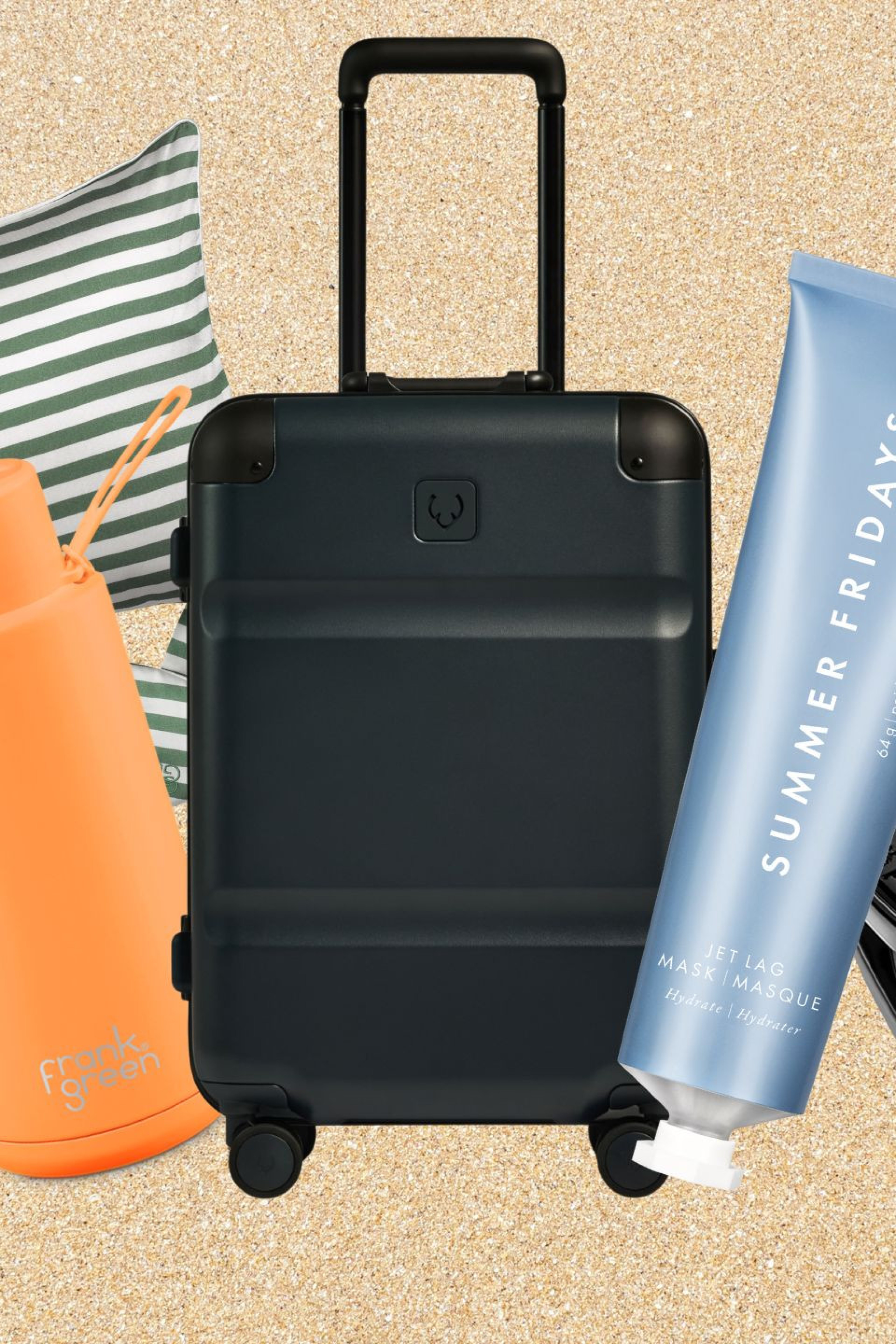 travel-themed gift items arranged on white sand background