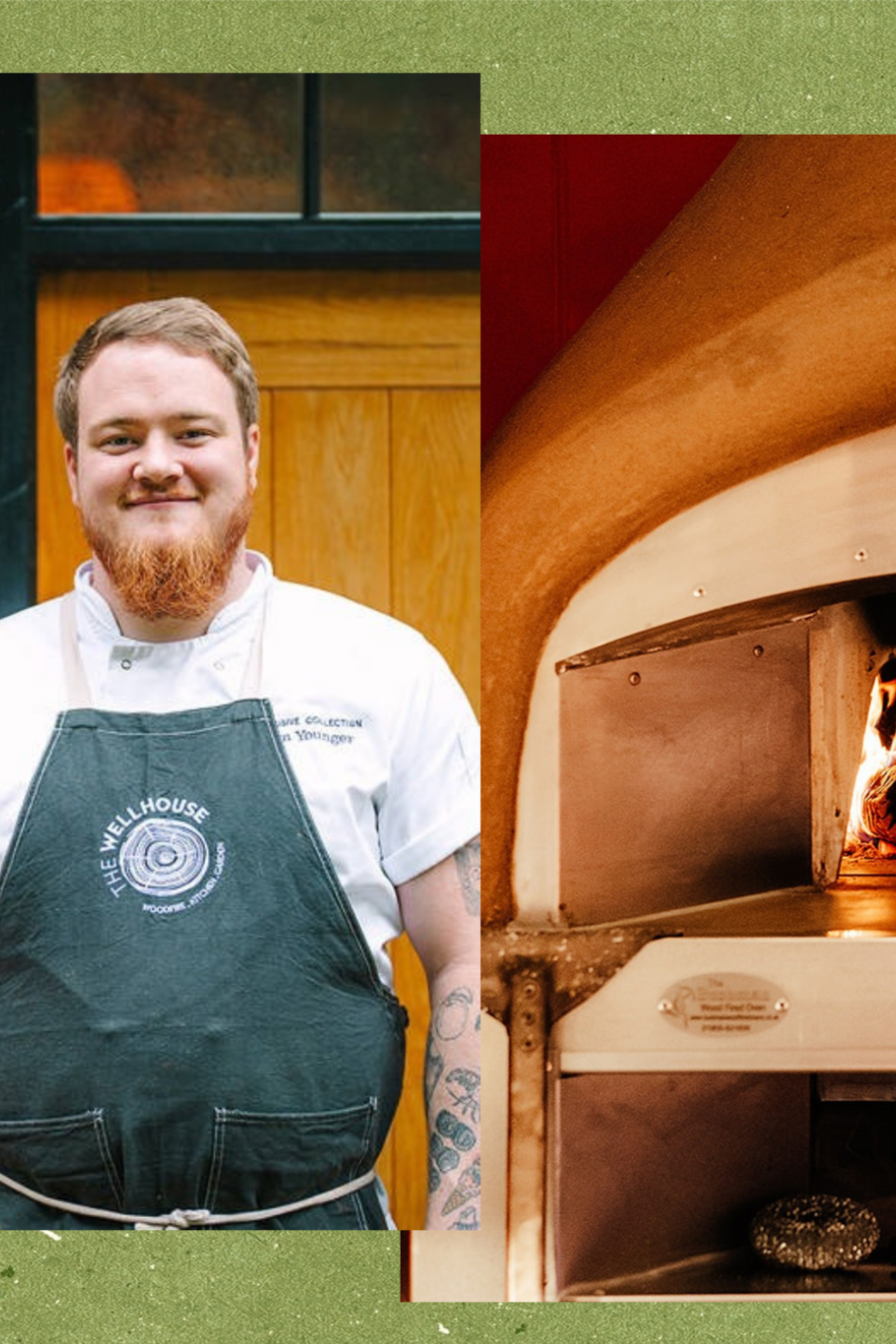 split image of chef tom younger alongside image of woodfired pizza oven at the wellhouse 
