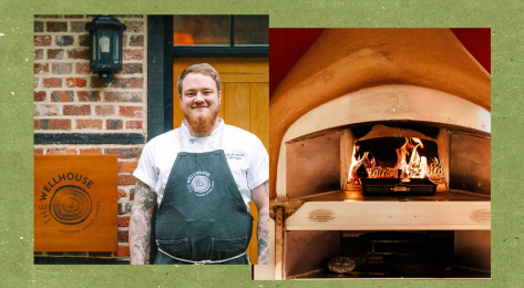 Split image of chef tom younger alongside image of woodfired pizza oven at the wellhouse .