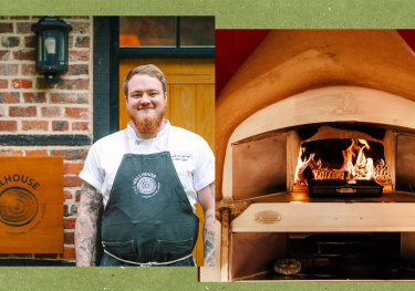 Split image of chef tom younger alongside image of woodfired pizza oven at the wellhouse .