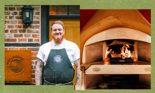 Split image of chef tom younger alongside image of woodfired pizza oven at the wellhouse .