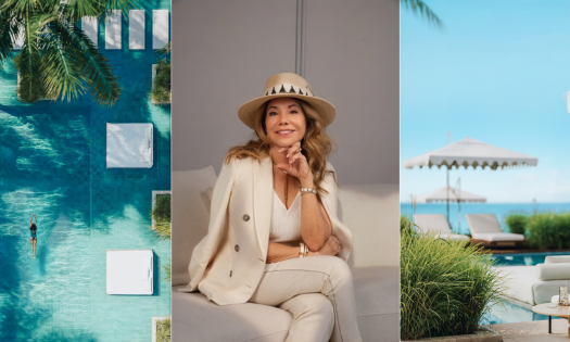 Lucia penrod headshot with images of Nikki Beach hotels and residences.