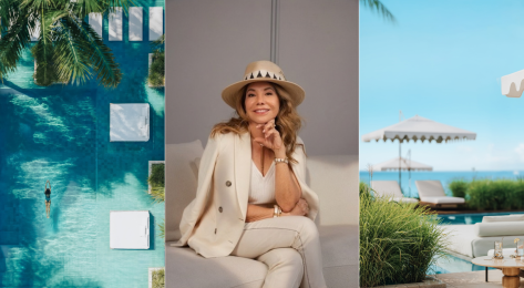 Lucia penrod headshot with images of Nikki Beach hotels and residences.