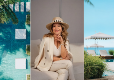 Lucia penrod headshot with images of Nikki Beach hotels and residences.