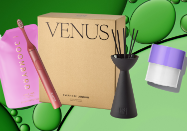 Four sustainable beauty products on a green bubble background.
