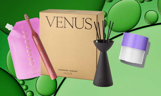 Four sustainable beauty products on a green bubble background.