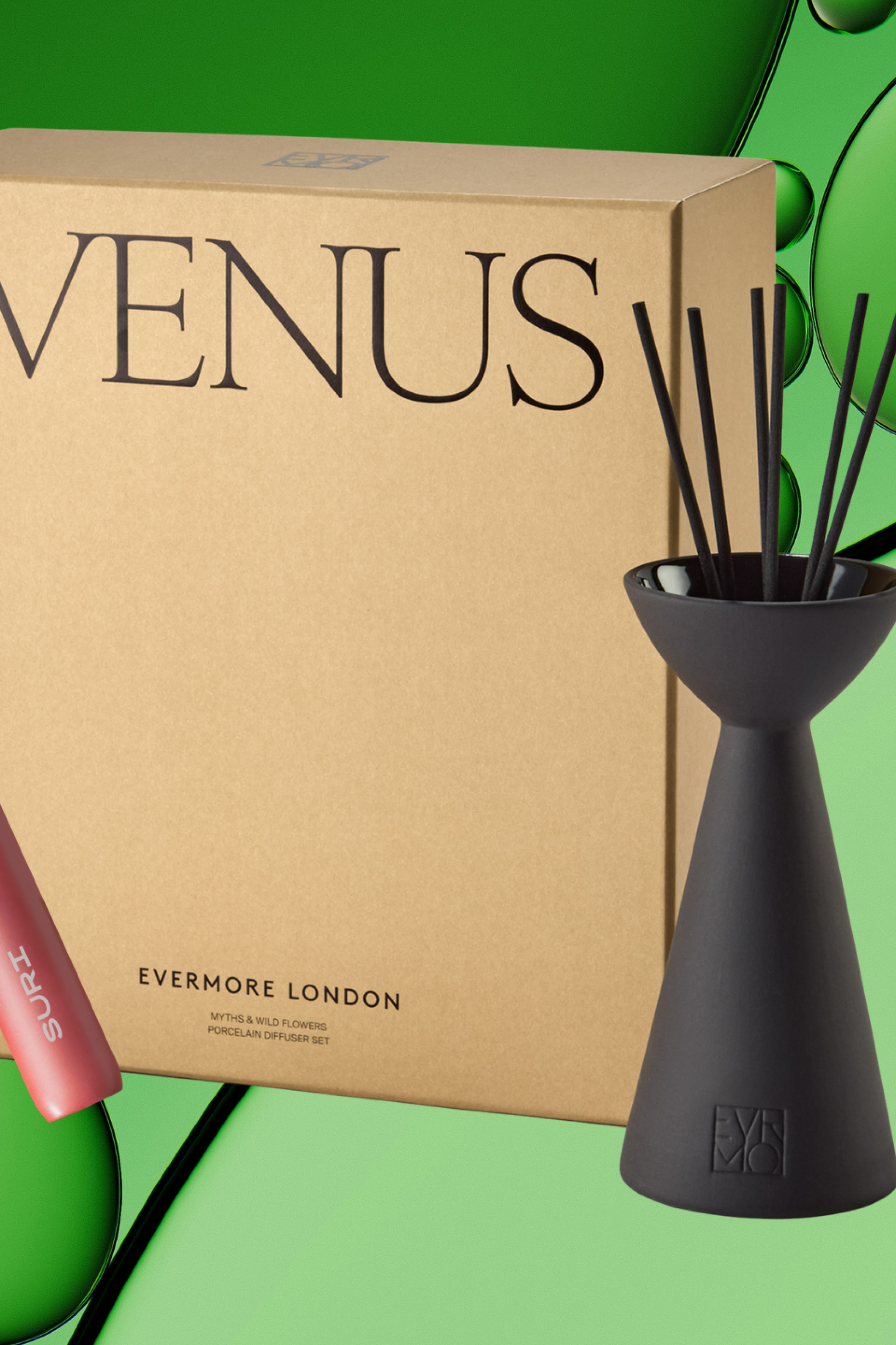 four sustainable beauty products on a green bubble background