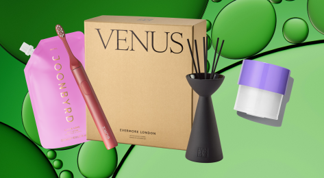 Four sustainable beauty products on a green bubble background.