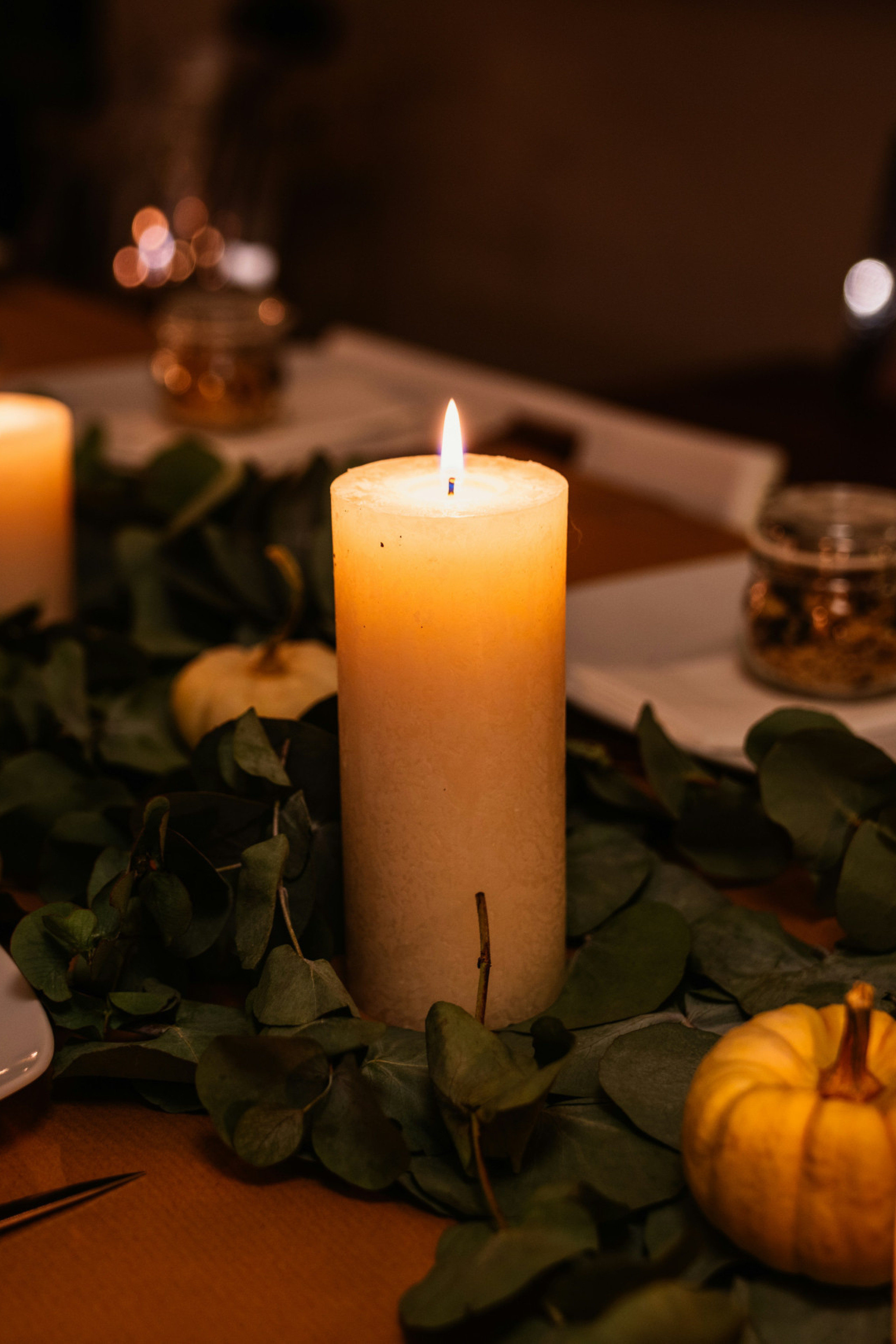 thanksgiving table spread with candles