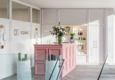 Pink front desk in london beauty clinic.