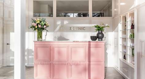 Pink front desk in london beauty clinic .