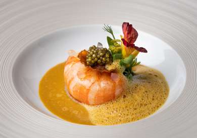 Langoustine dish with broth .