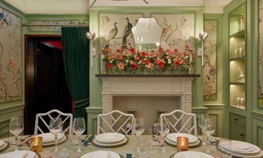 The peacock room   laden with intricate details and apt for intimate celebrations  __our beautiful private dining room of hand painted silk chinoiserie wallpaper features the rooms signature peacock watching over a table for 8 in front o.