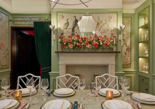 The peacock room   laden with intricate details and apt for intimate celebrations  __our beautiful private dining room of hand painted silk chinoiserie wallpaper features the rooms signature peacock watching over a table for 8 in front o.