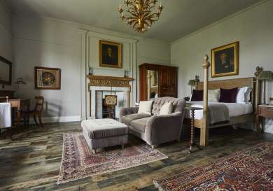 Photo of inside country hotel room .