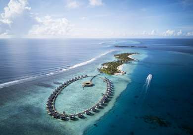 The ritz carlton maldives, fari islands   aerial boat.