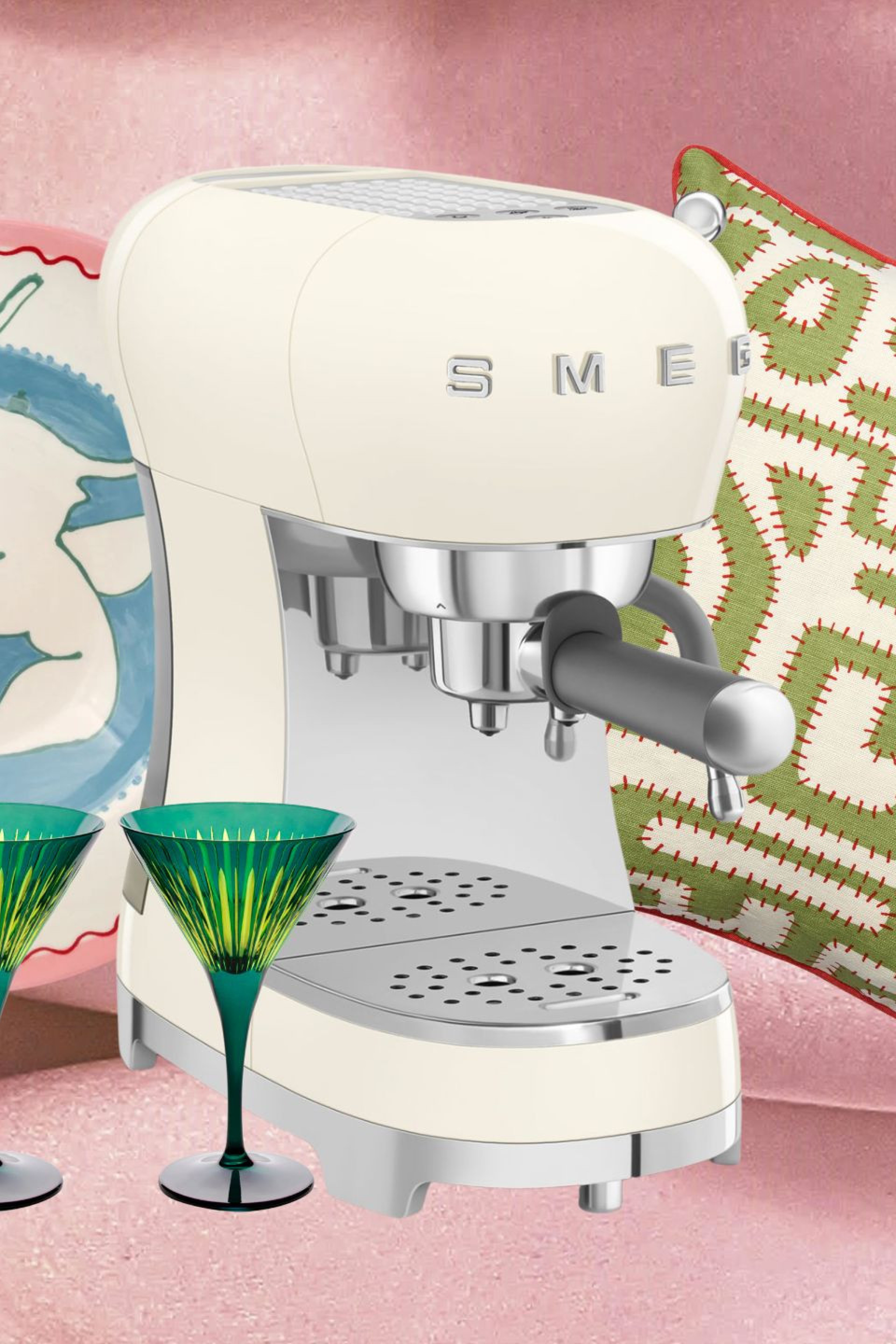 array of gifts for the home on blush pink fabric background