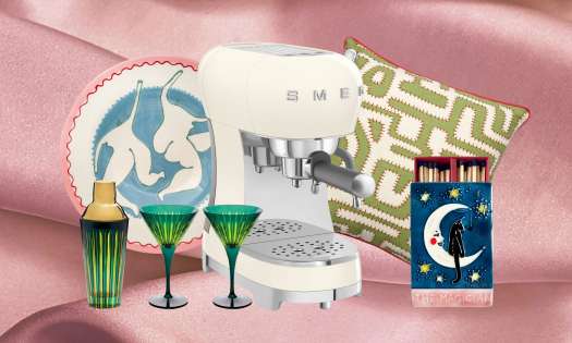 Array of gifts for the home on blush pink fabric background.